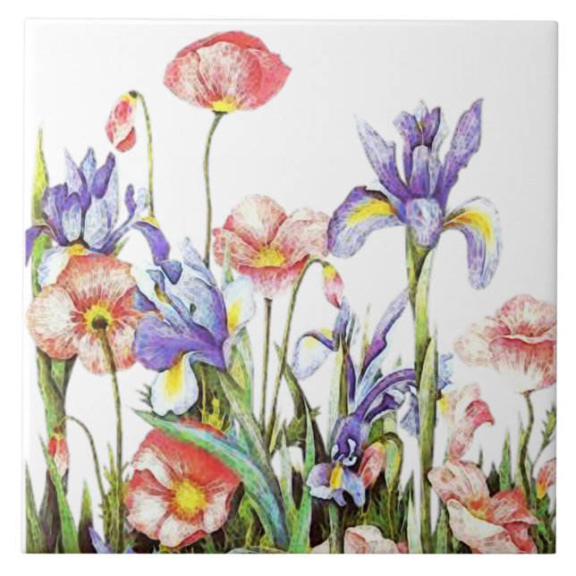 Carreau En Céramique Iris et fleurs de pavot Aquarelle Florale (Devant)