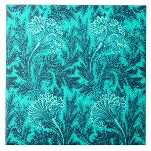 Carreau En Céramique Jacobean Flower Damask, Turquoise et bleu Turquois
