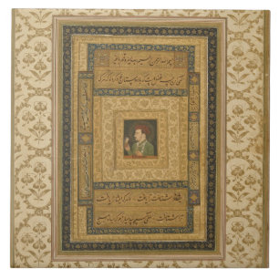 Carreau En Céramique Jahangir tenant une image de Madonna, inscrib