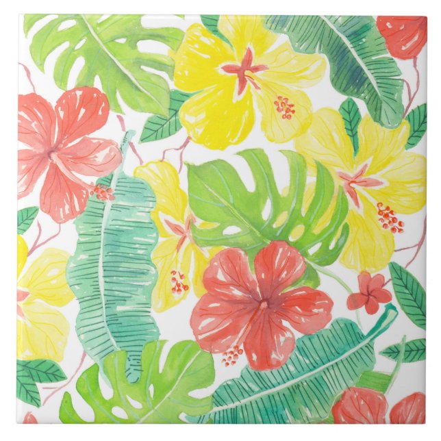 Carreau En Céramique Jardin tropical, plumeria hibiscus et feuilles de  (Devant)