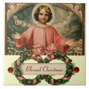 CARREAU EN CÉRAMIQUE JÉSUS ENFANT AUX ANGES ET COURONNES DE NOËL