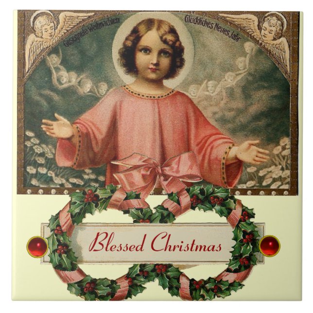 CARREAU EN CÉRAMIQUE JÉSUS ENFANT AUX ANGES ET COURONNES DE NOËL (Devant)