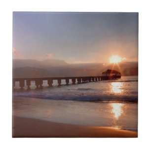 Carreau En Céramique Jetée de plage au coucher du soleil, Hawaï
