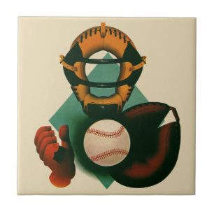 Carreau En Céramique Joueur de baseball vintage, receveur avec gant
