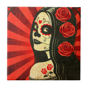 Carreau En Céramique Jour rouge vintage de la fille morte
