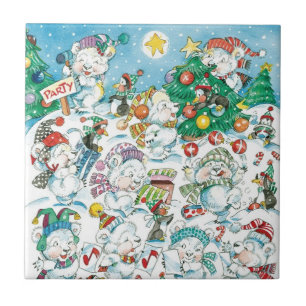 Carreau En Céramique Joyeux dessin animé Noël ours polaire manchot fête