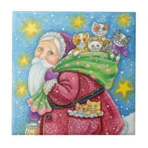 Carreau En Céramique Joyeux Noël, le Père Noël avec des chatons et des