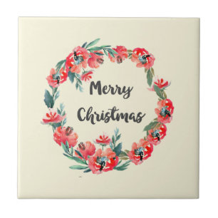 Carreau En Céramique Joyeux Noël Rouge Floral Aquarelle Wreath