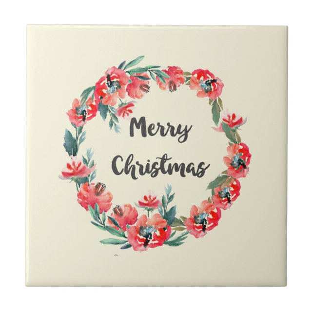 Carreau En Céramique Joyeux Noël Rouge Floral Aquarelle Wreath (Devant)