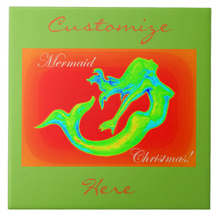 Carreau En Céramique joyeux sirène noël rouge/vert