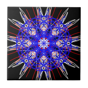 Carreau En Céramique kaléidoscope mandala art noir rouge blanc bleu