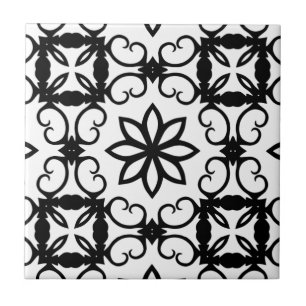 Carreau En Céramique Kaléidoscope noir et blanc de fantaisie de fleur
