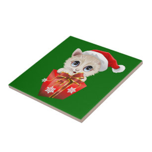 Carreau En Céramique Kitten Noël Père Noël avec cadeau