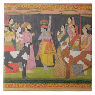 Carreau En Céramique Krishna levant le mont Govardhana, de la 'Bhagav