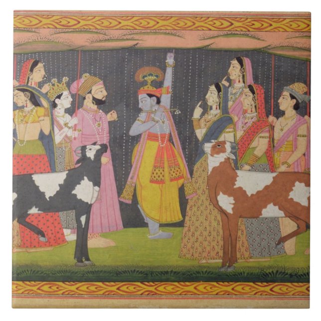 Carreau En Céramique Krishna levant le mont Govardhana, de la 'Bhagav (Devant)