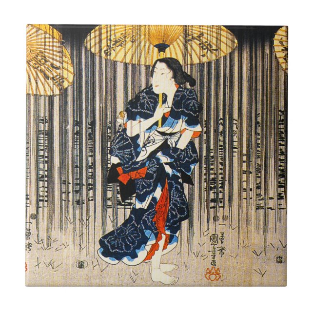 Carreau En Céramique Kuniyoshi trois femmes avec la tuile de parapluies (Devant)