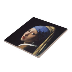 Carreau En Céramique La fille avec une boucle d'oreille de perle par