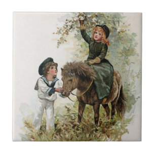 Carreau En Céramique La fille monte le cru de poney de Shetland