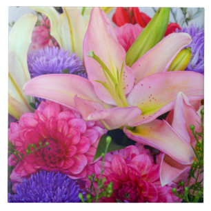 Carreau En Céramique La fleur rose de lis et de dahlia impriment le