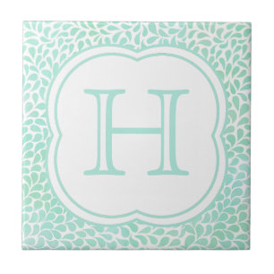 Carreau En Céramique L'aquarelle bleue d'aqua de monogramme laisse