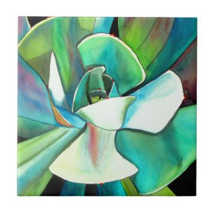 Carreau En Céramique L'aquarelle du désert bleu et vert Succulent