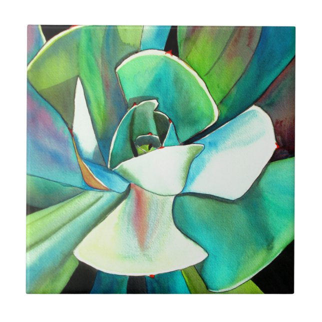 Carreau En Céramique L'aquarelle du désert bleu et vert Succulent (Devant)