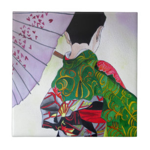 Carreau En Céramique L'art Geisha japonais avec kimono et parapluie