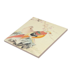 Carreau En Céramique Les faisans chinois Imao Keinen oiseaux et sakura