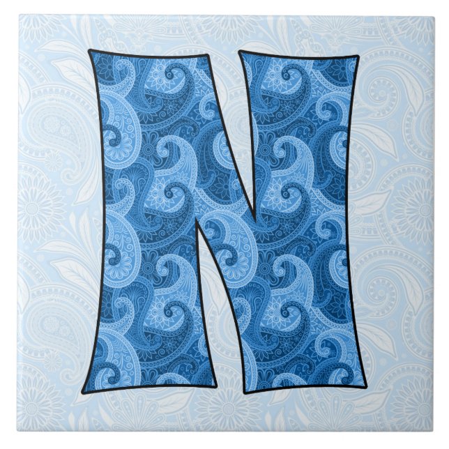 Carreau En Céramique Lettre N - Monogramme Blue Paisley (Devant)