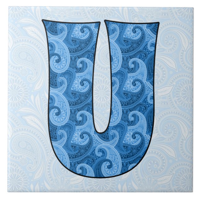 Carreau En Céramique Lettre U - Monogramme Blue Paisley 6 pouces Carrea (Devant)