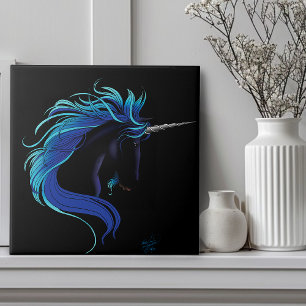 Carreau En Céramique Licorne noire élégante Magie Fantasy Bleu Argent