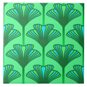 Carreau En Céramique Lis d'art déco, vert de jade et turquoise