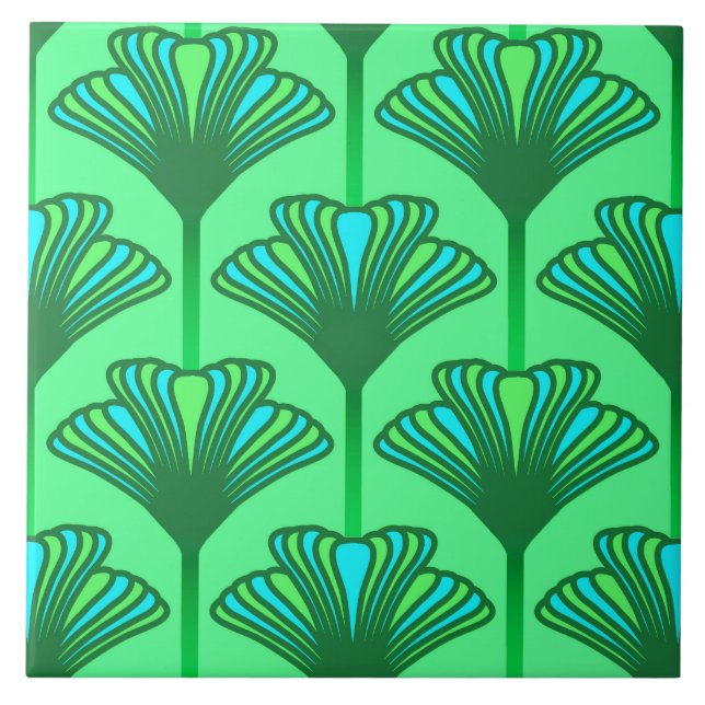Carreau En Céramique Lis d'art déco, vert de jade et turquoise (Devant)