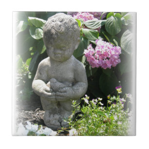 Carreau En Céramique Little Boy et statue de jardin d'oiseau