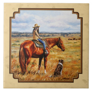 Carreau En Céramique Little Cowgirl on Cattle Horse Yellow