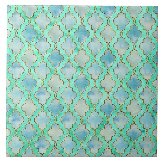 Carreau En Céramique L'or aqua et le motif marocain vert (Devant)