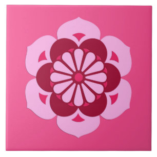 Carreau En Céramique Lotus Flower Mandala, Fuchsia Pink et Bourgogne