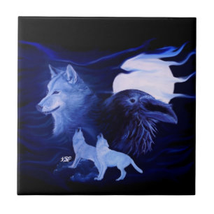 Carreau En Céramique Loup et corbeau avec pleine lune