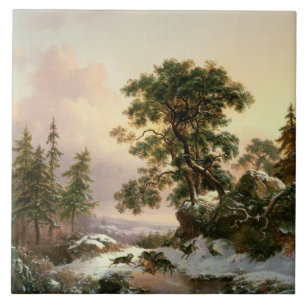 Carreau En Céramique Loups dans un paysage d'hiver (huile sur le