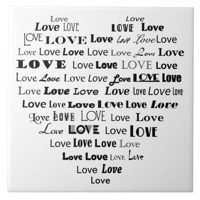 Carreau En Céramique Love Heart Word Cloud - Noir et Blanc (Devant)