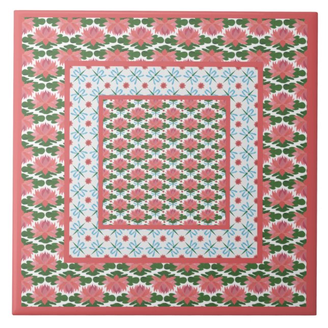 Carreau En Céramique Lys d'eau rose, libellules bleues : Carrelage en c (Devant)