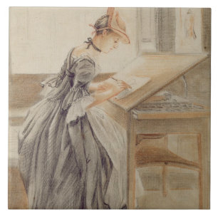 Carreau En Céramique Madame Copying à un Tableau de dessin, c.1760-70
