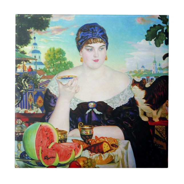 Carreau En Céramique Madame Drinking Tea avec la tuile de chat (Devant)