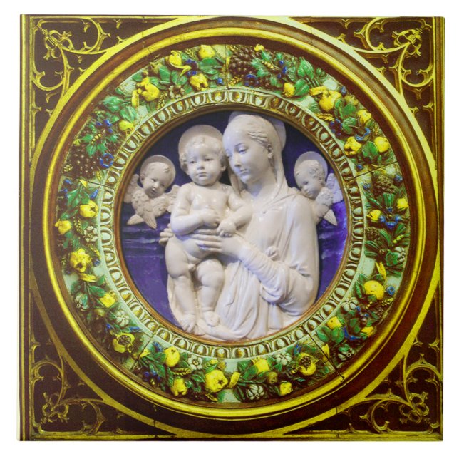 CARREAU EN CÉRAMIQUE MADONNA AVEC ENFANT, ANGES RENAISSANCE FLORALE COU (Devant)