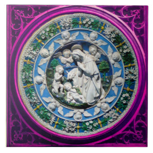 CARREAU EN CÉRAMIQUE MADONNA AVEC ENFANT ET ANGES COURONNE FLORALE