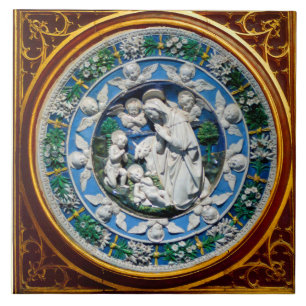CARREAU EN CÉRAMIQUE MADONNA AVEC ENFANT ET ANGES COURONNE FLORALE