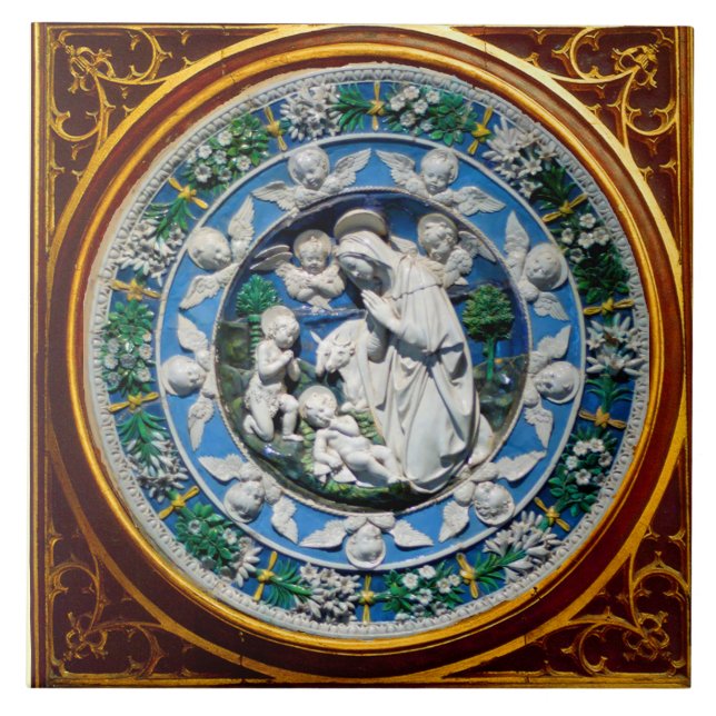 CARREAU EN CÉRAMIQUE MADONNA AVEC ENFANT ET ANGES COURONNE FLORALE (Devant)