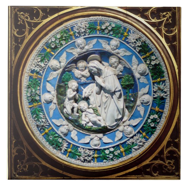 CARREAU EN CÉRAMIQUE MADONNA AVEC ENFANT ET ANGES COURONNE FLORALE (Devant)