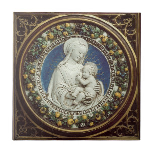 CARREAU EN CÉRAMIQUE MADONNA AVEC ENFANT RENAISSANCE FLORAL CROWN