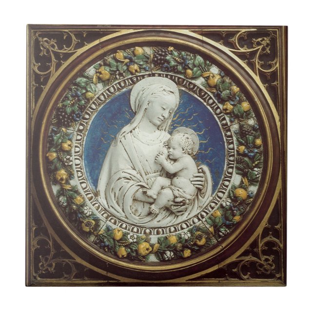 CARREAU EN CÉRAMIQUE MADONNA AVEC ENFANT RENAISSANCE FLORAL CROWN (Devant)